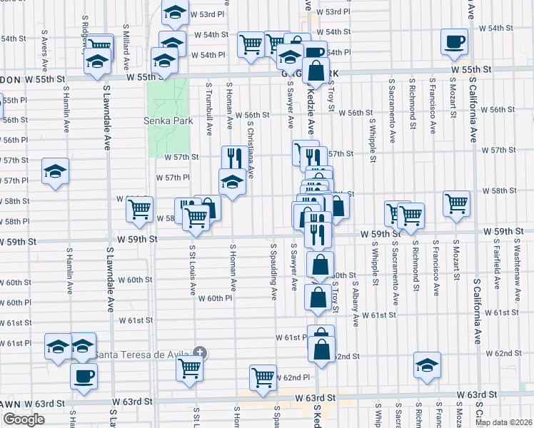 map of restaurants, bars, coffee shops, grocery stores, and more near 5831 South Christiana Avenue in Chicago