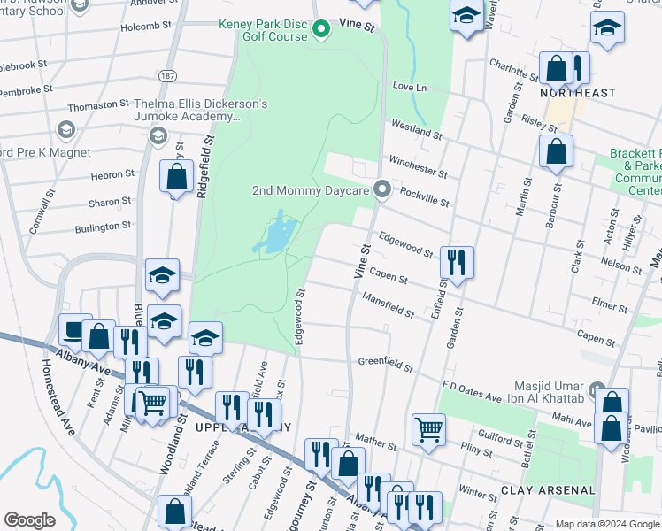 map of restaurants, bars, coffee shops, grocery stores, and more near 27 Keney Terrace in Hartford