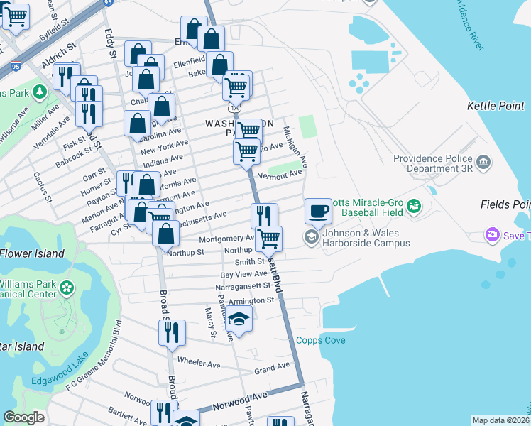 map of restaurants, bars, coffee shops, grocery stores, and more near 157 Alabama Avenue in Providence