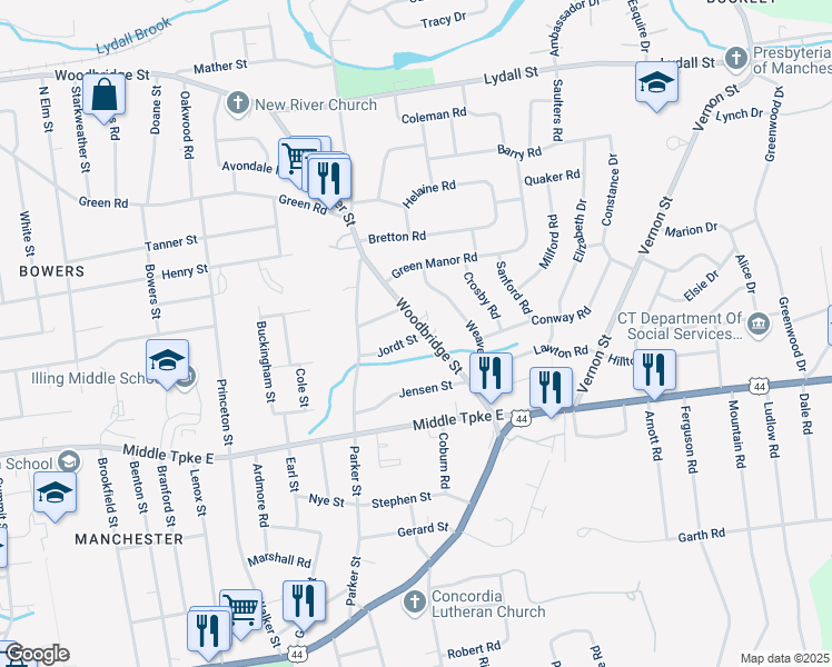 map of restaurants, bars, coffee shops, grocery stores, and more near 560 Woodbridge Street in Manchester