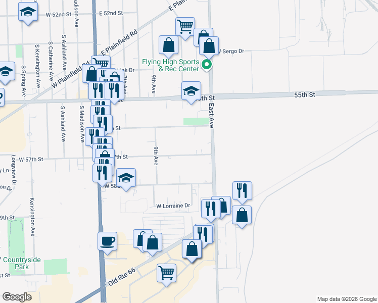 map of restaurants, bars, coffee shops, grocery stores, and more near 9701 West 57th Street in Countryside