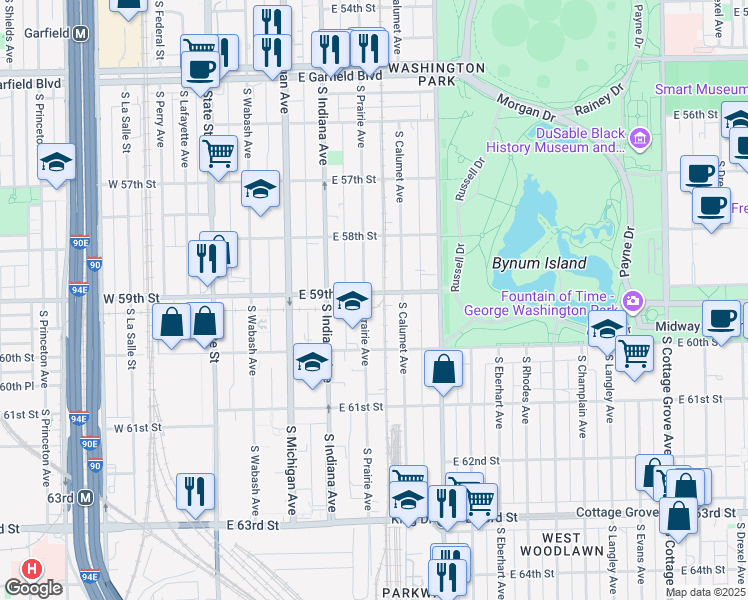 map of restaurants, bars, coffee shops, grocery stores, and more near 5901 South Prairie Avenue in Chicago