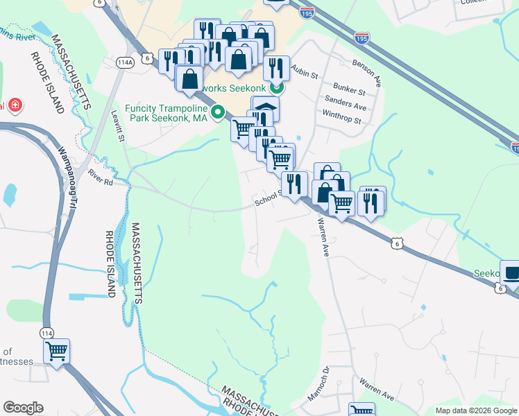 map of restaurants, bars, coffee shops, grocery stores, and more near 64 School Street in Seekonk