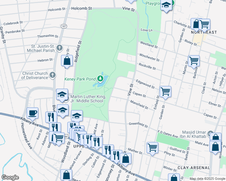 map of restaurants, bars, coffee shops, grocery stores, and more near 302 Edgewood Street in Hartford