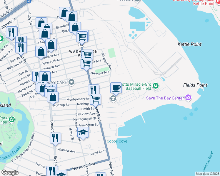 map of restaurants, bars, coffee shops, grocery stores, and more near 92 Alabama Avenue in Providence