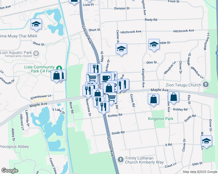 map of restaurants, bars, coffee shops, grocery stores, and more near 1020 Maple Avenue in Lisle