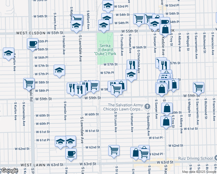 map of restaurants, bars, coffee shops, grocery stores, and more near 3505 West 58th Place in Chicago