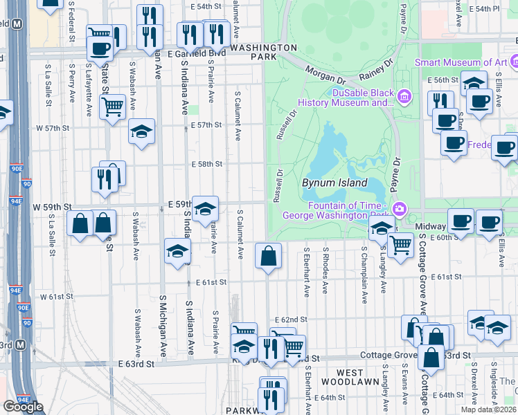 map of restaurants, bars, coffee shops, grocery stores, and more near 5916 South King Drive in Chicago