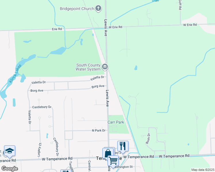 map of restaurants, bars, coffee shops, grocery stores, and more near 9392 Lewis Avenue in Temperance