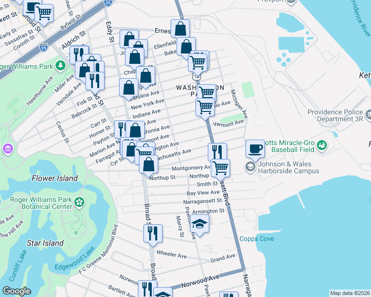 map of restaurants, bars, coffee shops, grocery stores, and more near 222 Washington Avenue in Providence