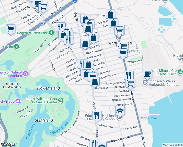 map of restaurants, bars, coffee shops, grocery stores, and more near 294 Washington Avenue in Providence