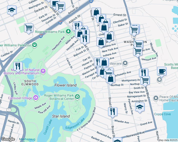 map of restaurants, bars, coffee shops, grocery stores, and more near 45 Farragut Avenue in Providence