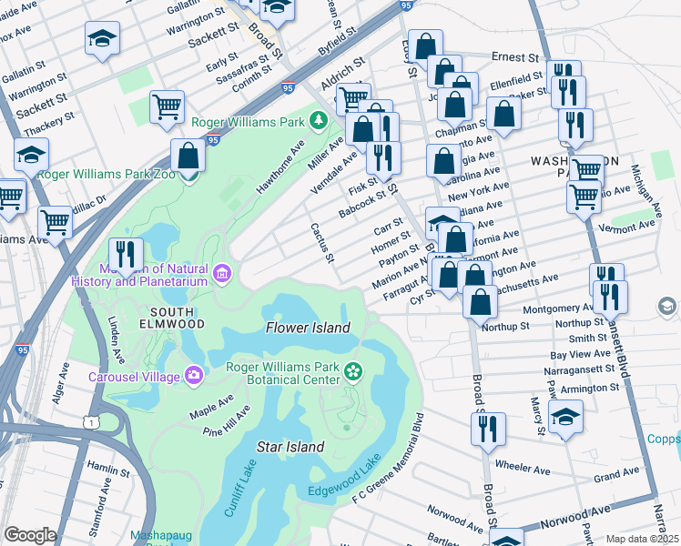 map of restaurants, bars, coffee shops, grocery stores, and more near 86 Cactus Street in Providence
