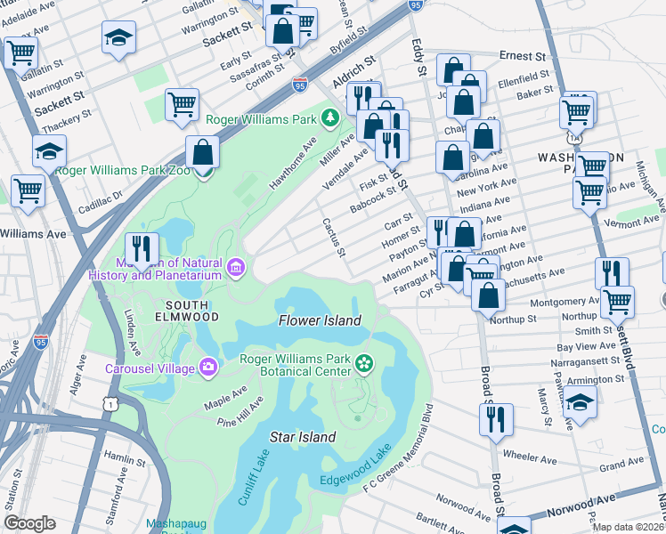 map of restaurants, bars, coffee shops, grocery stores, and more near 136 Carr Street in Providence