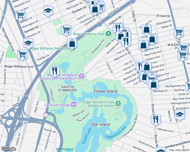 map of restaurants, bars, coffee shops, grocery stores, and more near 210 Calla Street in Providence