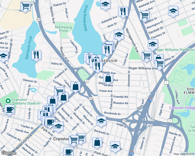 map of restaurants, bars, coffee shops, grocery stores, and more near 64 Pontiac Avenue in Providence