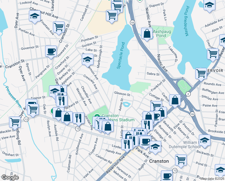 map of restaurants, bars, coffee shops, grocery stores, and more near 80 Gleason Street in Cranston