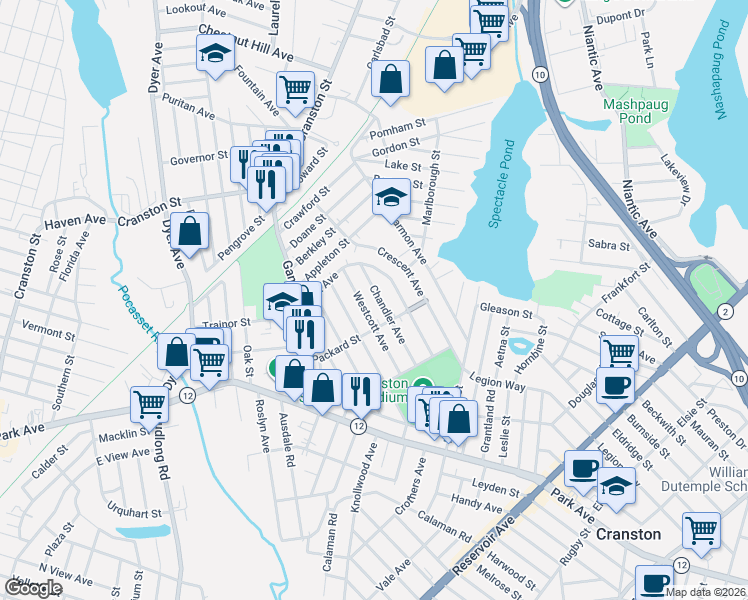 map of restaurants, bars, coffee shops, grocery stores, and more near 158 Chandler Avenue in Cranston