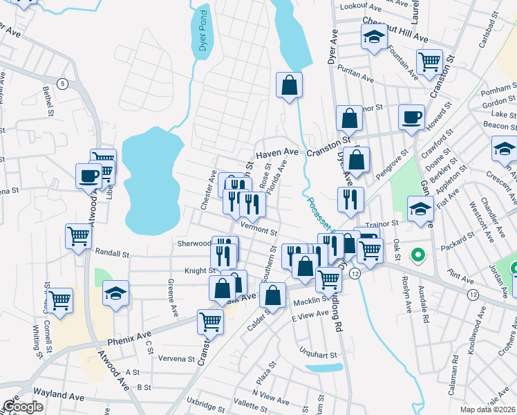 map of restaurants, bars, coffee shops, grocery stores, and more near 51 New Hampshire Street in Cranston