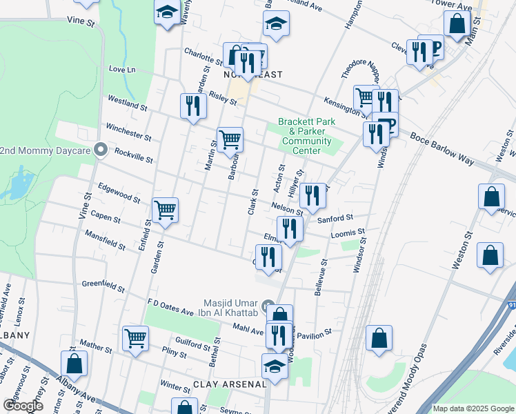 map of restaurants, bars, coffee shops, grocery stores, and more near 9 West Clay Street in Hartford