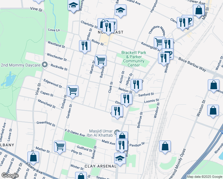 map of restaurants, bars, coffee shops, grocery stores, and more near 9 West Clay Street in Hartford
