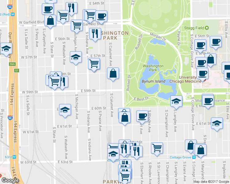 map of restaurants, bars, coffee shops, grocery stores, and more near 5916 South King Drive in Chicago