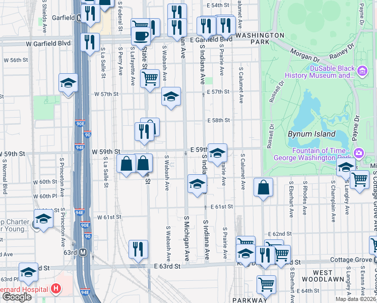 map of restaurants, bars, coffee shops, grocery stores, and more near 5910 South Michigan Avenue in Chicago