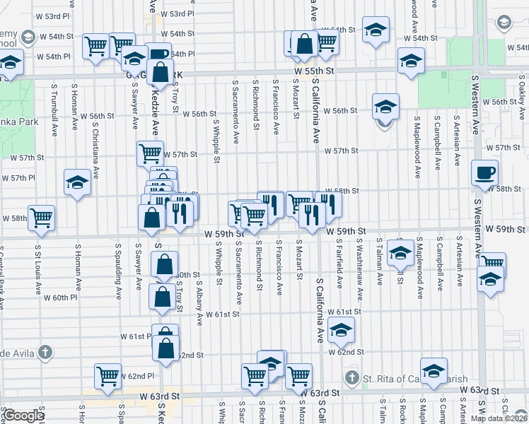 map of restaurants, bars, coffee shops, grocery stores, and more near in Chicago
