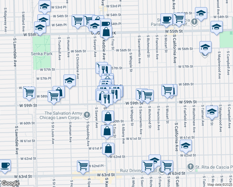 map of restaurants, bars, coffee shops, grocery stores, and more near 5837 South Troy Street in Chicago