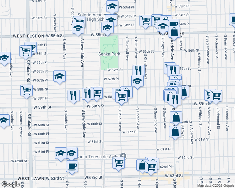 map of restaurants, bars, coffee shops, grocery stores, and more near 3505 West 58th Place in Chicago