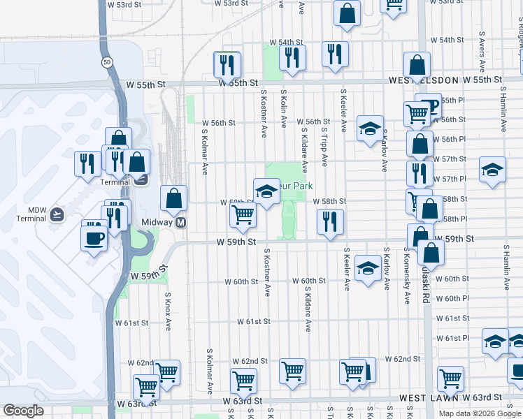 map of restaurants, bars, coffee shops, grocery stores, and more near 5823 South Kenneth Avenue in Chicago