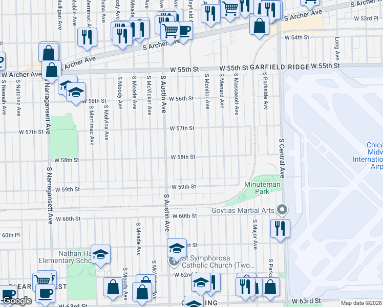 map of restaurants, bars, coffee shops, grocery stores, and more near 5800 South Mayfield Avenue in Chicago