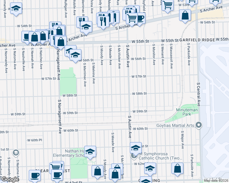 map of restaurants, bars, coffee shops, grocery stores, and more near 5759 South Meade Avenue in Chicago