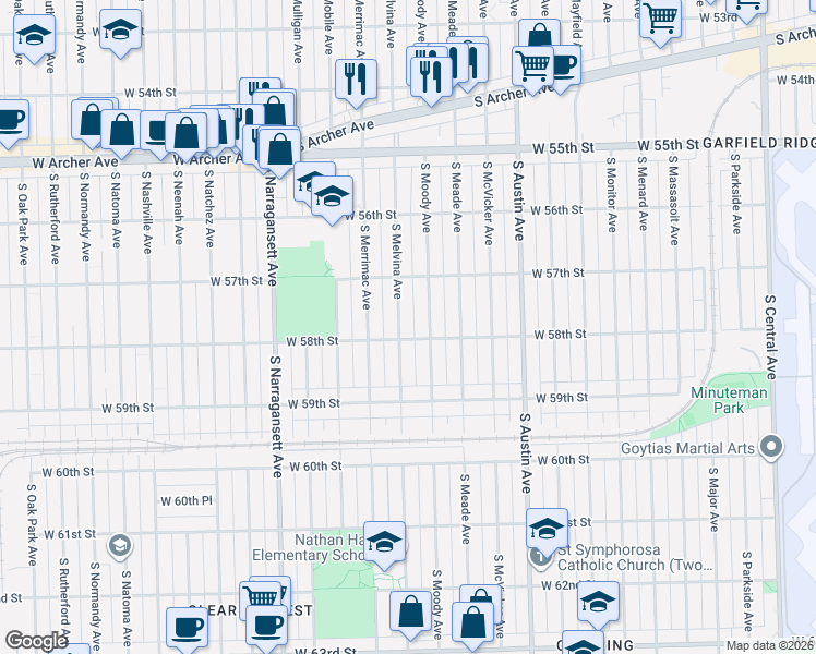 map of restaurants, bars, coffee shops, grocery stores, and more near 5800 South Melvina Avenue in Chicago