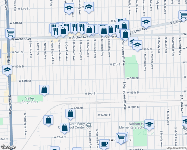map of restaurants, bars, coffee shops, grocery stores, and more near 5755 South Natoma Avenue in Chicago