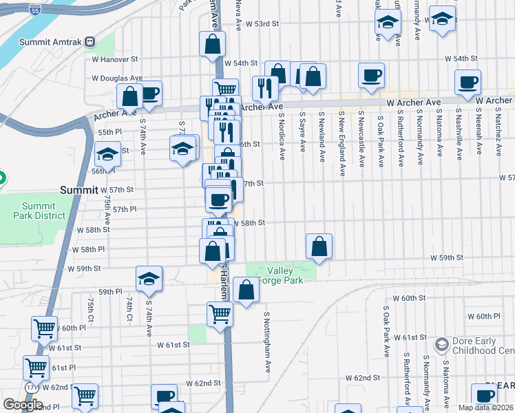 map of restaurants, bars, coffee shops, grocery stores, and more near 5747 South Neva Avenue in Chicago