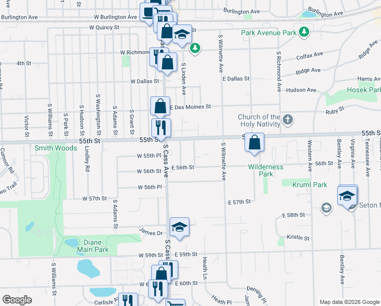 map of restaurants, bars, coffee shops, grocery stores, and more near 429 South Linden Avenue in Westmont