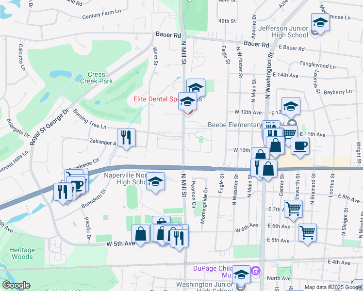 map of restaurants, bars, coffee shops, grocery stores, and more near 7P11 North Mill Street in Naperville