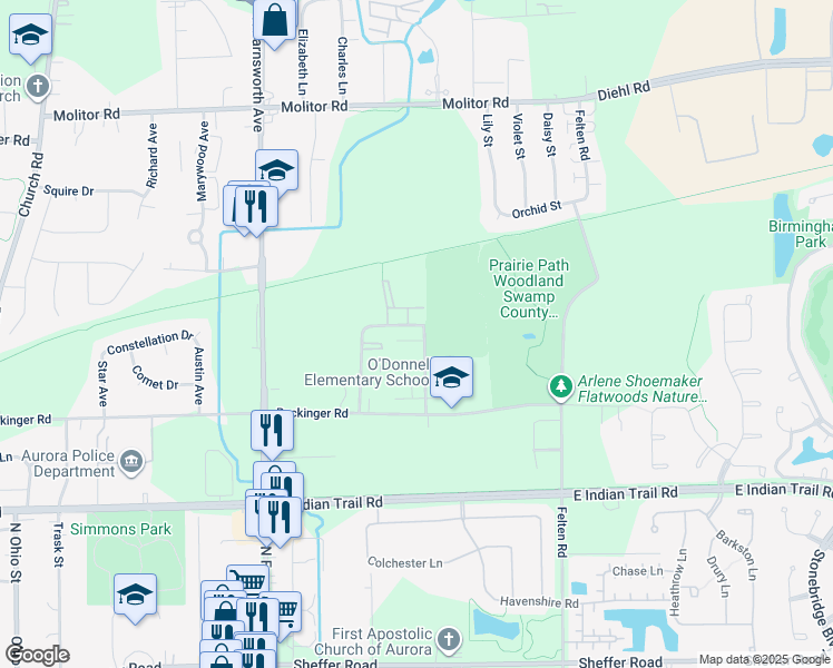 map of restaurants, bars, coffee shops, grocery stores, and more near 1565 Avati Lane in Aurora