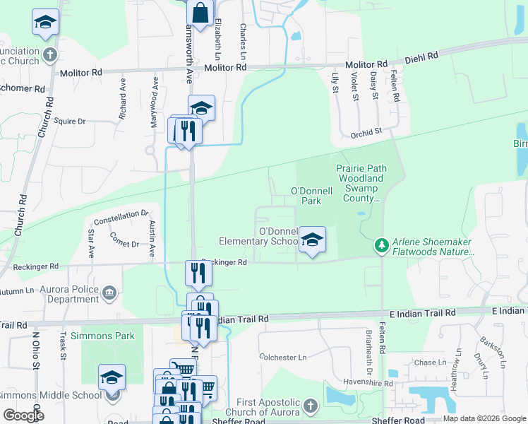 map of restaurants, bars, coffee shops, grocery stores, and more near 1431 McClure Road in Aurora