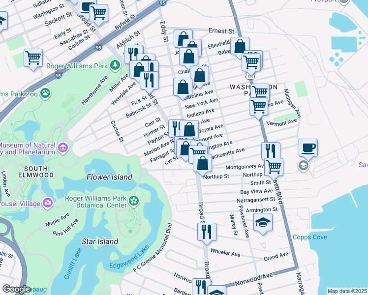 map of restaurants, bars, coffee shops, grocery stores, and more near Broad Street in Providence