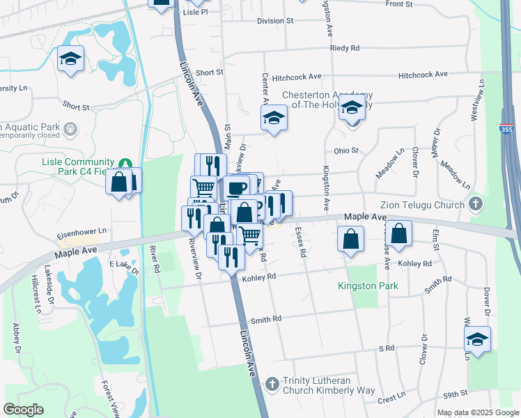 map of restaurants, bars, coffee shops, grocery stores, and more near 1020 Maple Avenue in Lisle