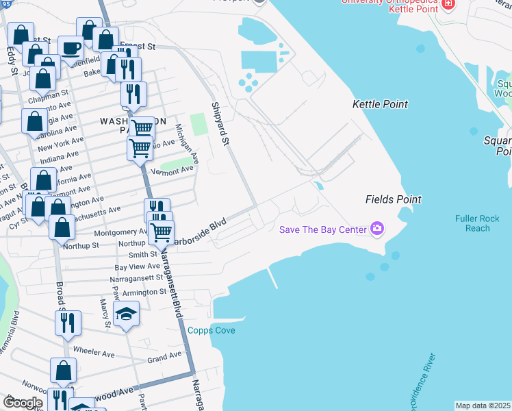 map of restaurants, bars, coffee shops, grocery stores, and more near 125 Harbourside Boulevard in Providence