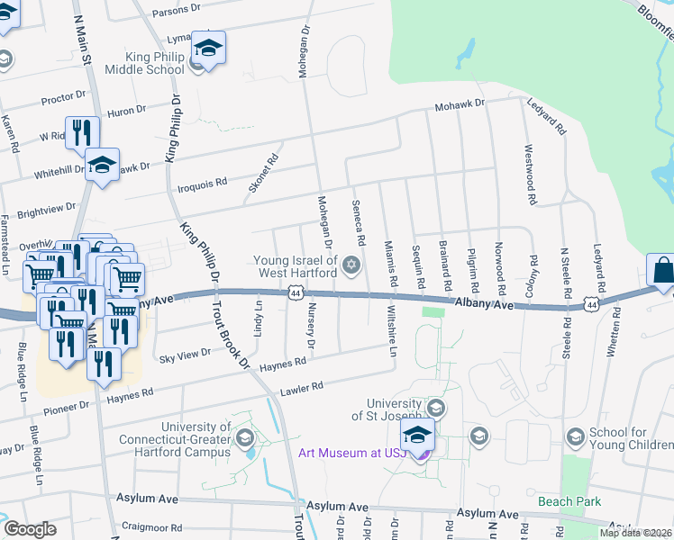 map of restaurants, bars, coffee shops, grocery stores, and more near 8 Mohegan Drive in West Hartford
