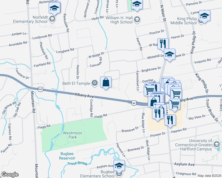 map of restaurants, bars, coffee shops, grocery stores, and more near 6 Magnolia Hill in West Hartford