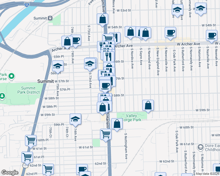 map of restaurants, bars, coffee shops, grocery stores, and more near 5643 South Harlem Avenue in Chicago