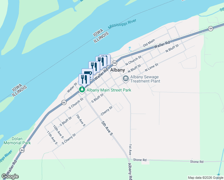 map of restaurants, bars, coffee shops, grocery stores, and more near 105 South Bluff Street in Albany