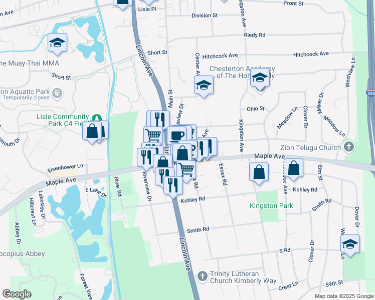 map of restaurants, bars, coffee shops, grocery stores, and more near 1020 Maple Avenue in Lisle