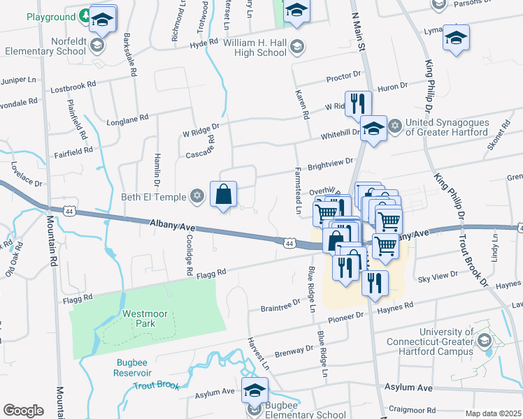 map of restaurants, bars, coffee shops, grocery stores, and more near 18 Magnolia Hill in West Hartford