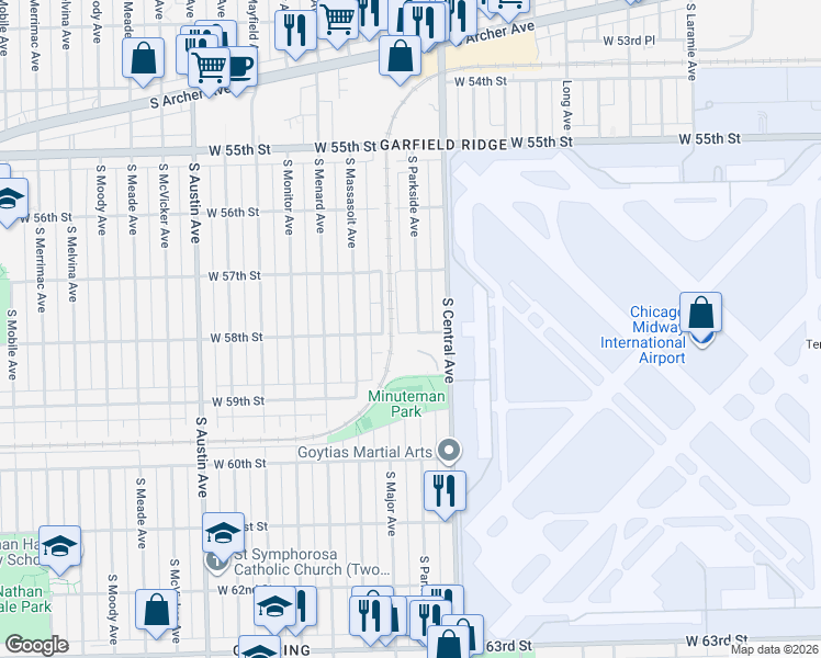 map of restaurants, bars, coffee shops, grocery stores, and more near 5758 South Parkside Avenue in Chicago